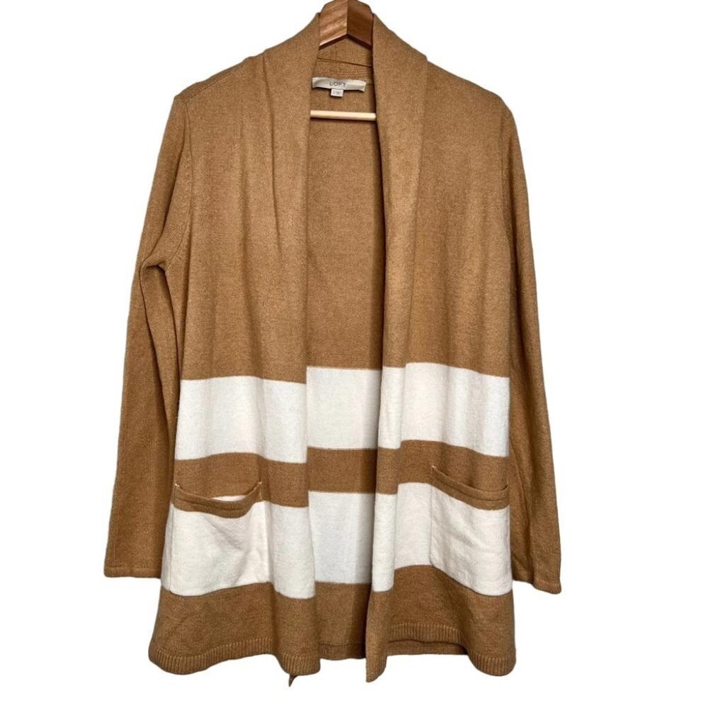 LOFT Womens Size Small Camel White Colorblock Open Front Cardigan Sweater Pocket